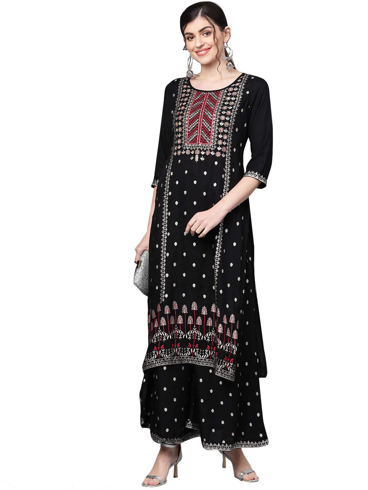 Ishin Women'S Rayon Black Embellished A-Line Kurta Set With Palazzo