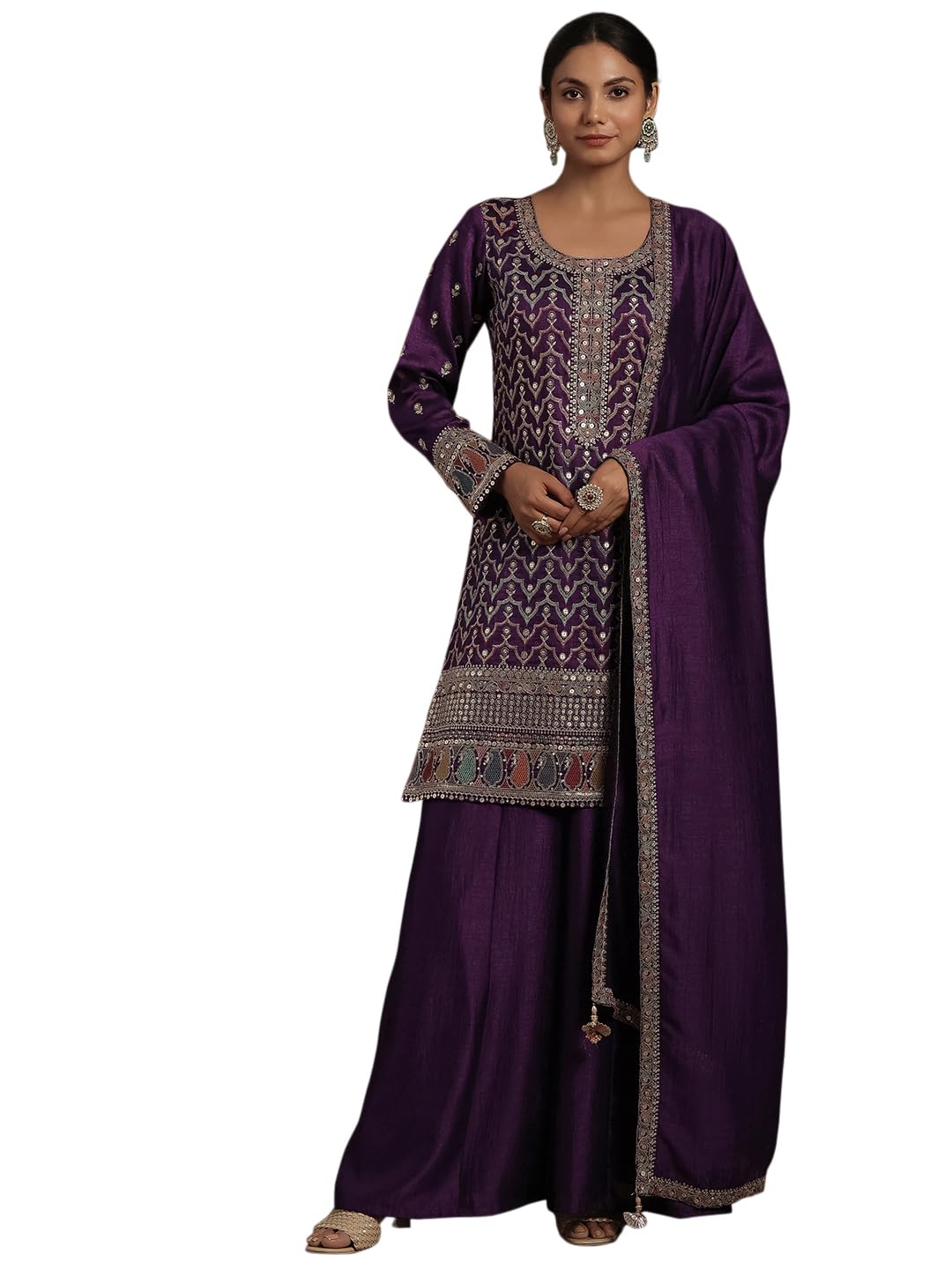 Libas Purple ethnic motif zari embellished short kurta with solid palazzos and solid dupatta