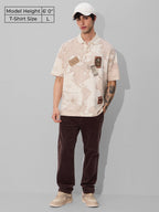 The Souled Store Originals: Travel Badges Men and Boys Short Sleeve Collared Neck White and Yellow Graphic Printed Cotton Oversi