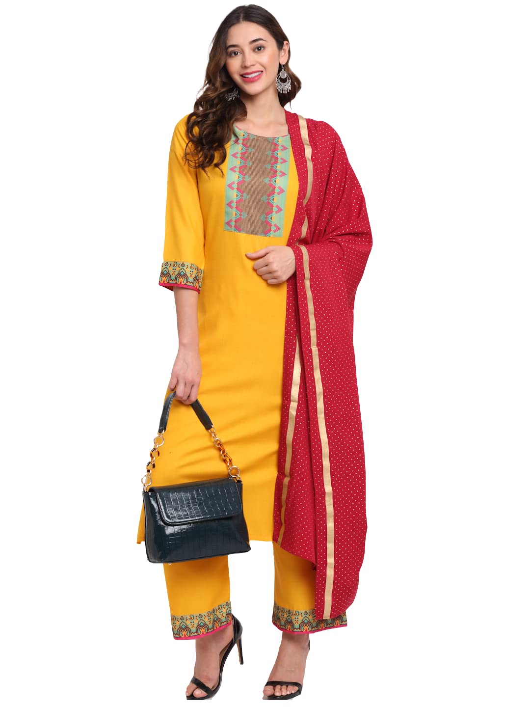 ANNI DESIGNER Women's Cotton Straight Kurta with Palazzo & Dupatta (KPZD-COT-10038-YELLOW_L_Yellow_Large)