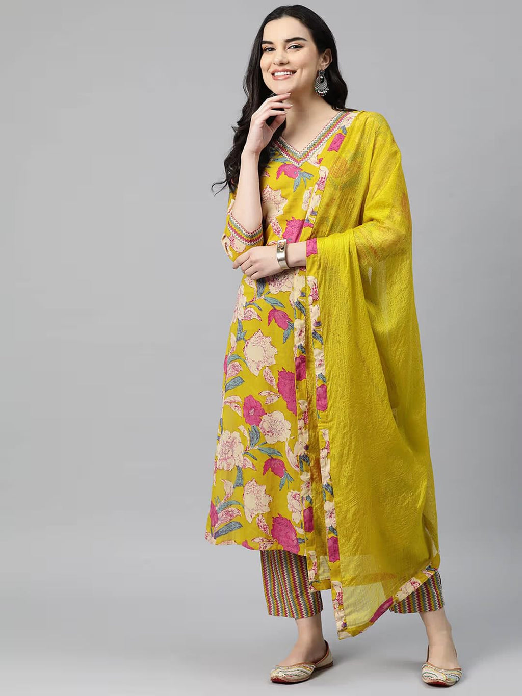 ANNI DESIGNER Womens Rayon Blend Printed Straight Kurta with Pant & Dupatta (Ganita Mustrad-VKS04_L_Mustard_Large)