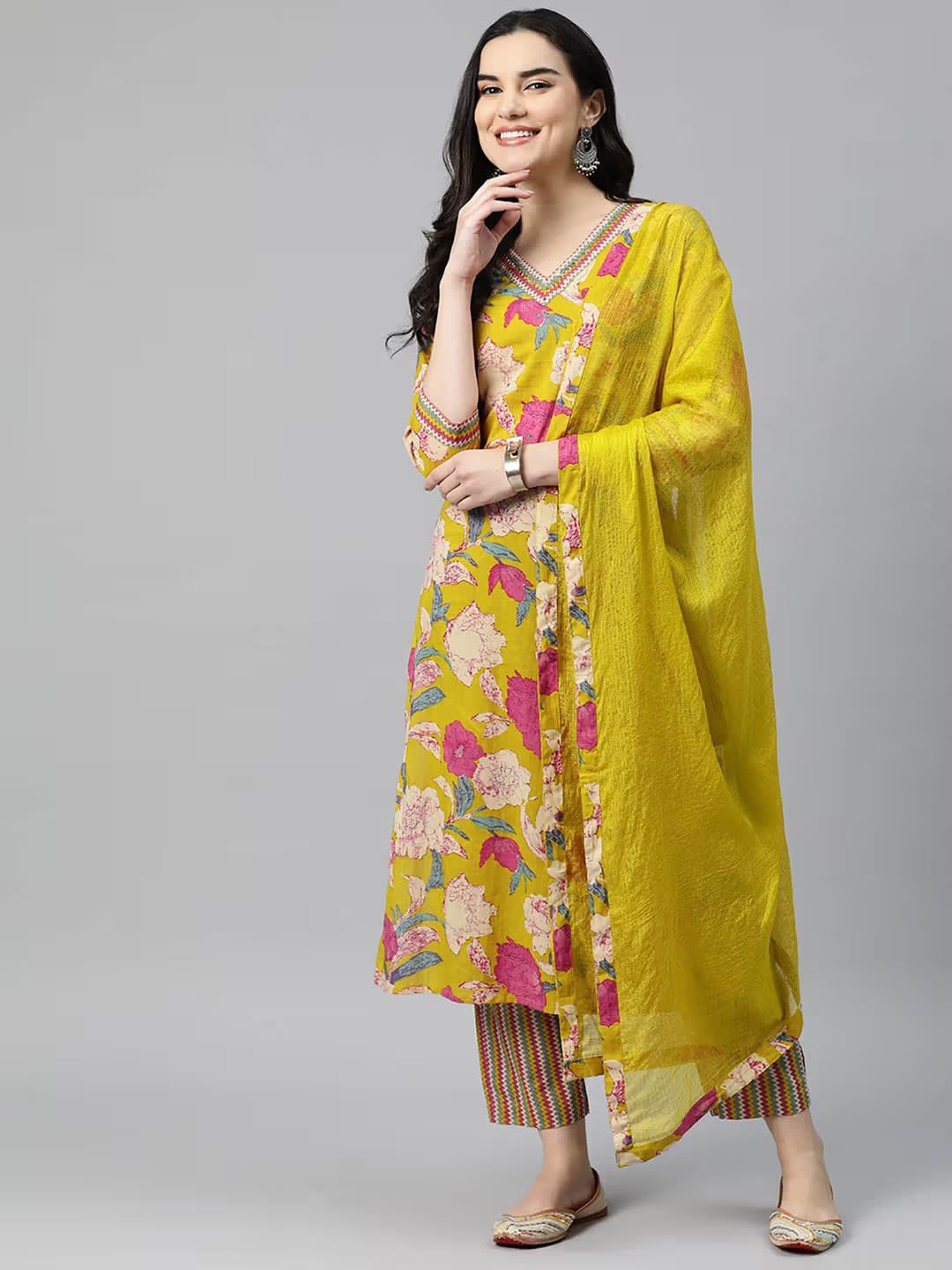 ANNI DESIGNER Womens Rayon Blend Printed Straight Kurta with Pant & Dupatta (Ganita Mustrad-VKS04_L_Mustard_Large)