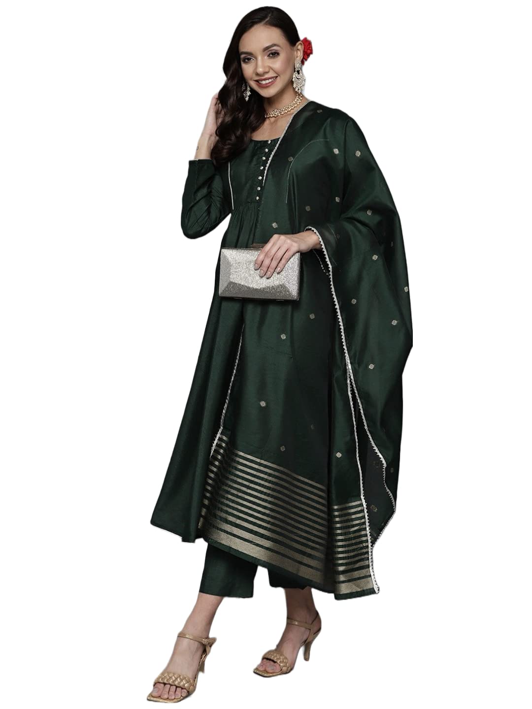 ANNI DESIGNER Women's Cotton Silk Blend Solid Anarkali Kurta and Pant with Dupatta (Carrom Green_XL_Green_X-Large)