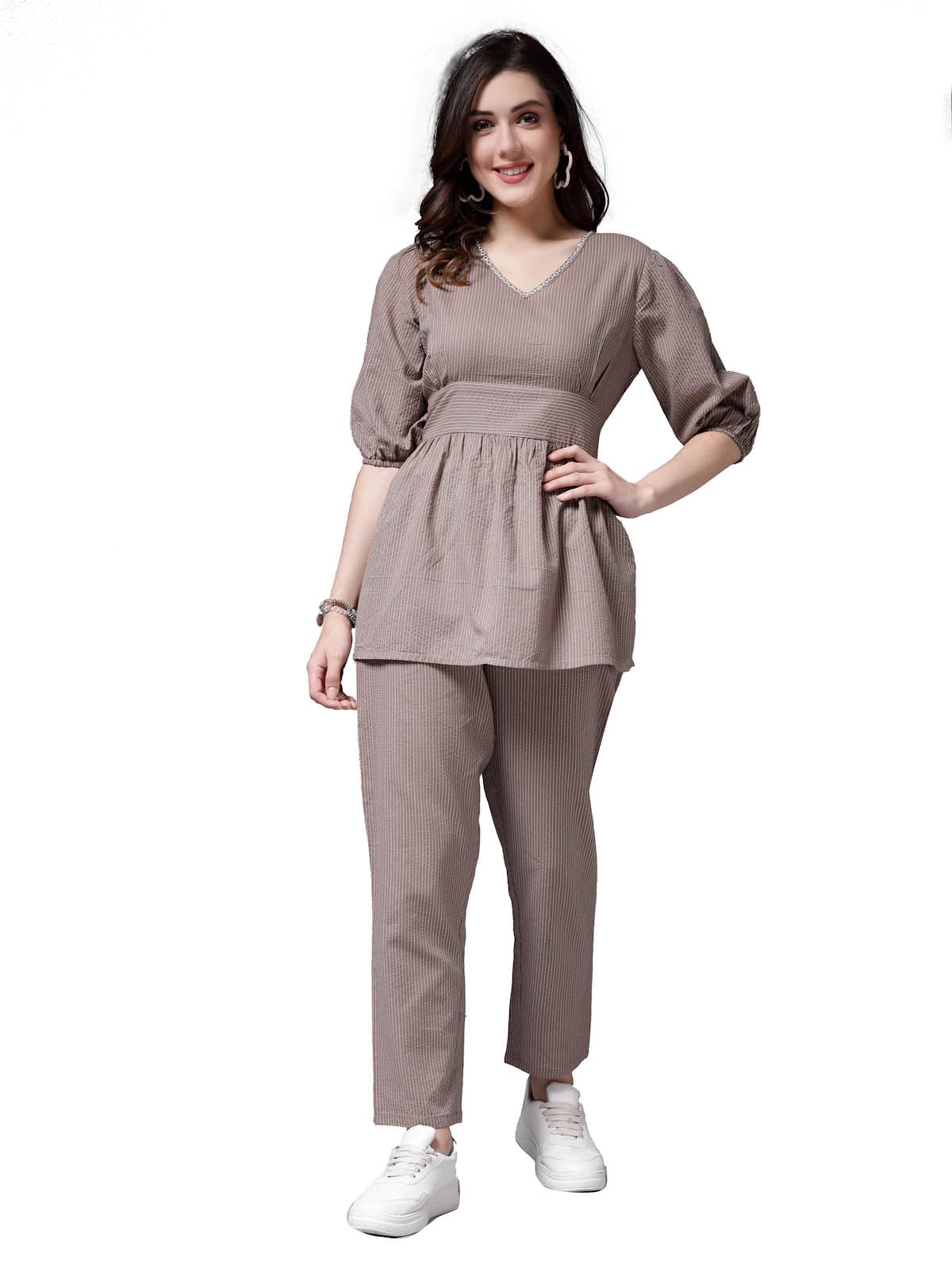 Stylum Womens Self Woven Kantha Cotton Co-Ord Set (BEIGEKATHACORD34_Beige, XS)