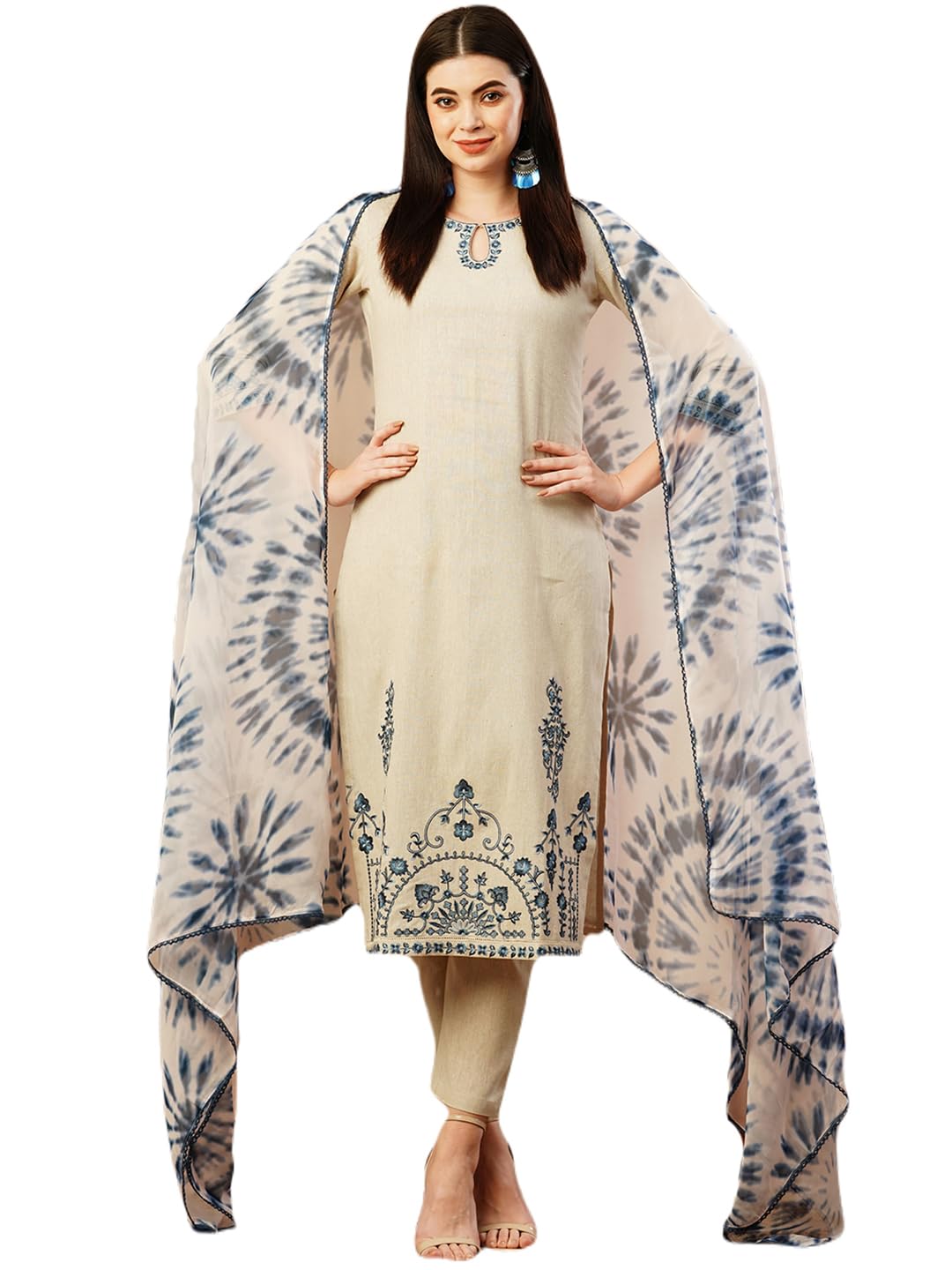 ANNI DESIGNER Ladies Cotton Blend Dupatta Kurta Trousers, Light Brown::Blue, XL