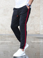 Shasmi Mens Athletic Jogger Black and Red Contrast Side Color Block Patchwork Drawstring Waist Track Pant with Slit Pockets, Mi