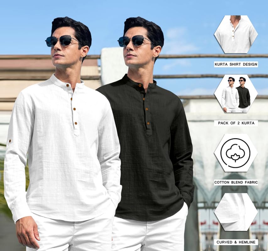 ROYALSCOUT Combo of Mens Solid Cotton Blend Full Sleeve Straight Kurta Shirt (Pack of 2) White-Black