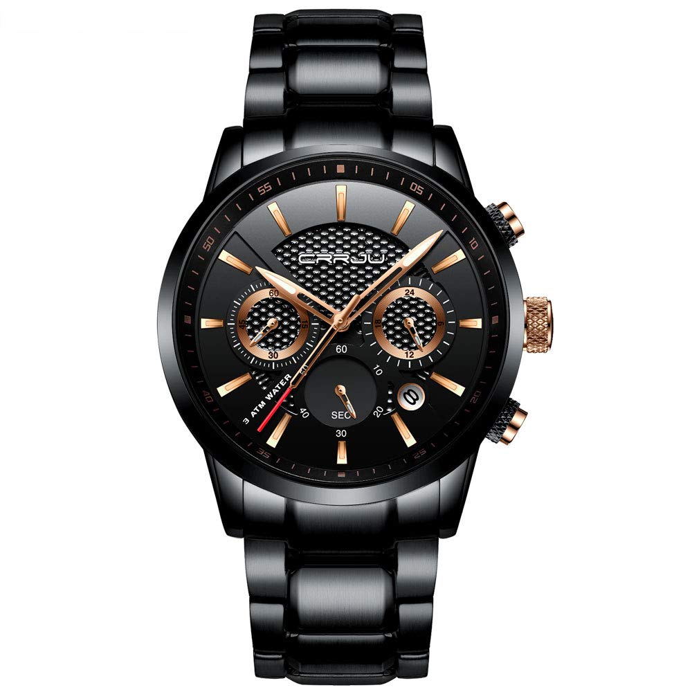 CRRJU Men's Watches Business Stainless Steel Wristwatches Men Black Strap Sport Fashion Quartz Analog Watches Waterproof Chronog