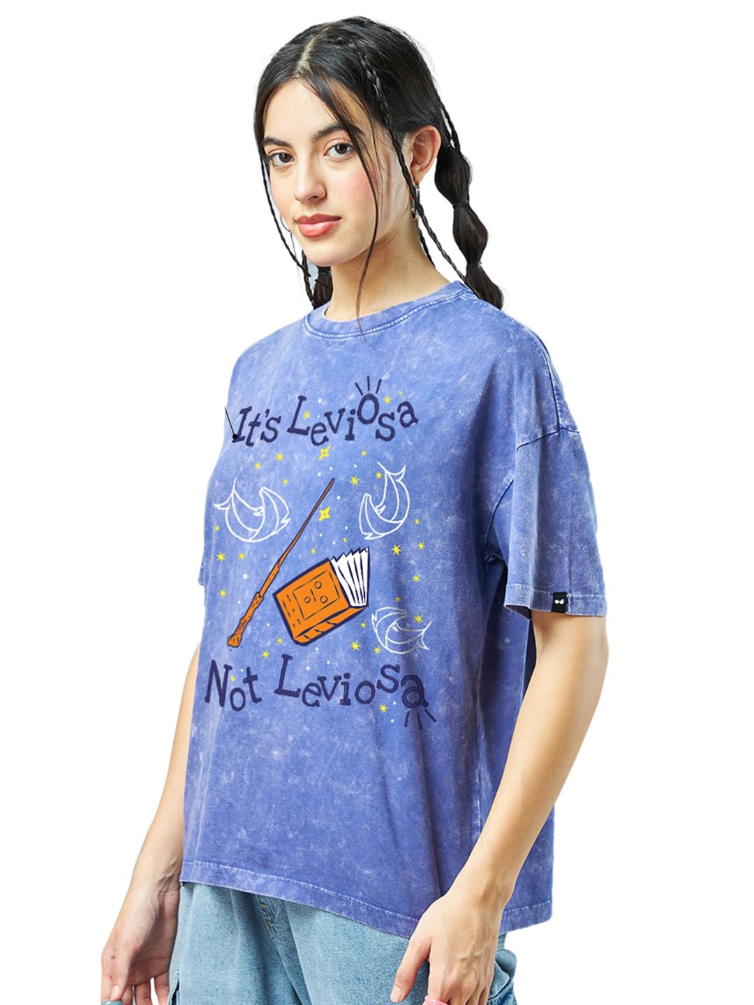 Bewakoof Official Harry Potter Merchandise Womens Graphic Printed Oversized Fit Half Sleeve Round Neck Cotton Jersey Acid Wash 