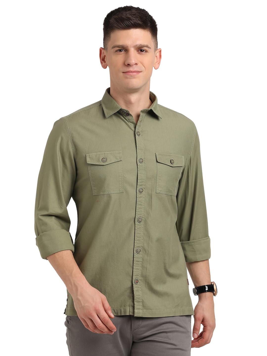 Turtle Men 100% Cotton Slim Fit Olive Solid Denim Shirt
