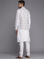 Manyavar Kurta Jacket Set For Men, Full Sleeves Mandarin Collar Ethnic Wear Jacket Set For Festival, Wedding, Party Blended Visc
