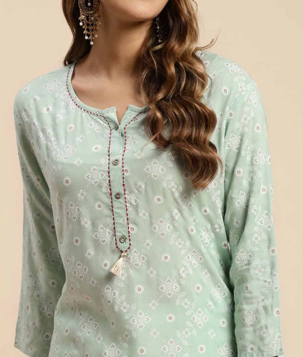 Rangita Mint Green Rayon Calf Length Printed Straight Kurti For Women | Kurta For Women