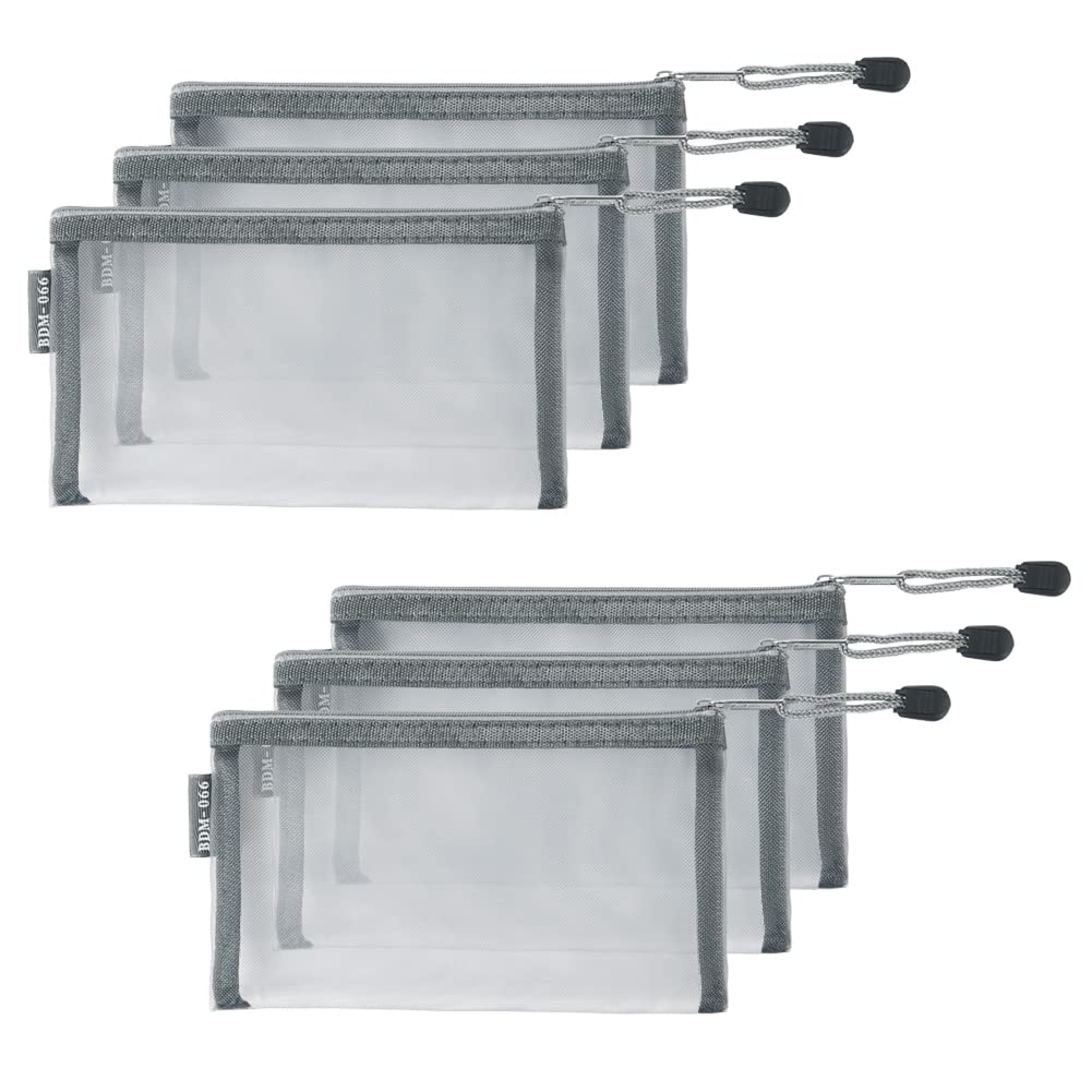 HRX Package Small Mesh Cosmetic Bags with Zipper, 6pcs Grey Makeup Pouches Travel Organizer Case for Purse Diaper Bag