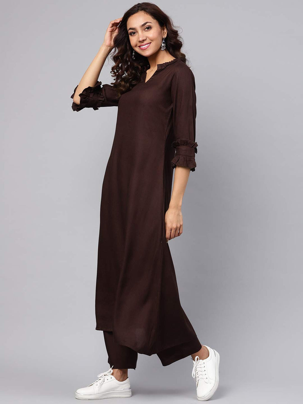 Idalia Maroon Rayon Solid Straight Kurta Set For Women , Round V Neck Designer Kurta With Pant