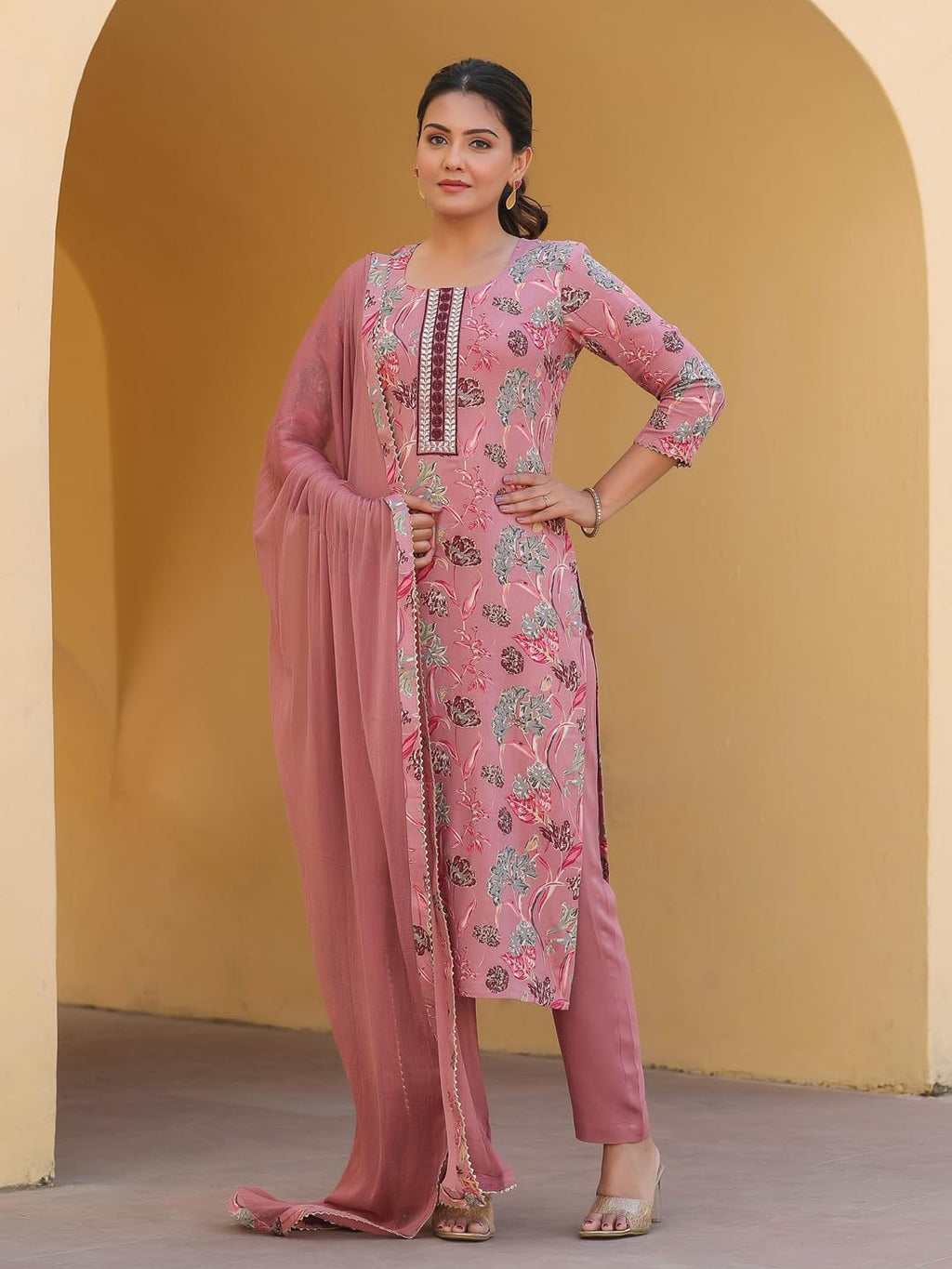ANNI DESIGNER Women s Rayon Blend Kurta with Trousers and Dupatta, peach, 50