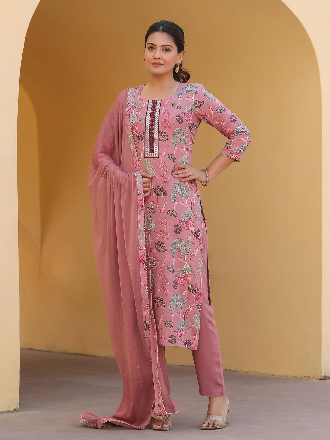 ANNI DESIGNER Women s Rayon Blend Kurta with Trousers and Dupatta, peach, 50