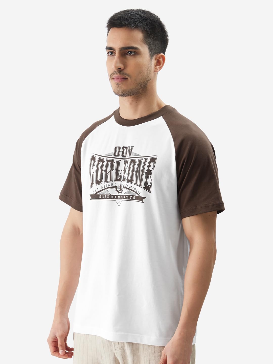The Souled Store Official The Godfather: Corleone Men and Boys Short Sleeve Round Neck White and Brown Graphic Printed Regular F