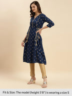 Rangita Navy Blue Rayon Calf Length Printed A-Line Kurti For Women | Kurta For Women