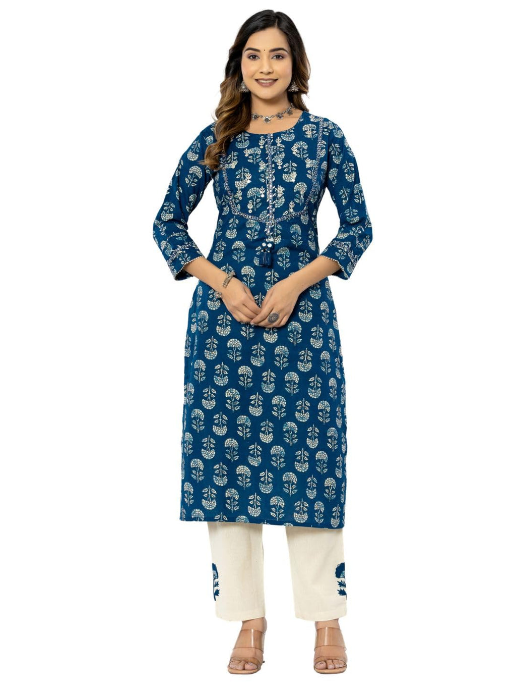rytras Womens Cotton Printed Straight Kurta with Palazzos Pant(RYT546,Blue,S)