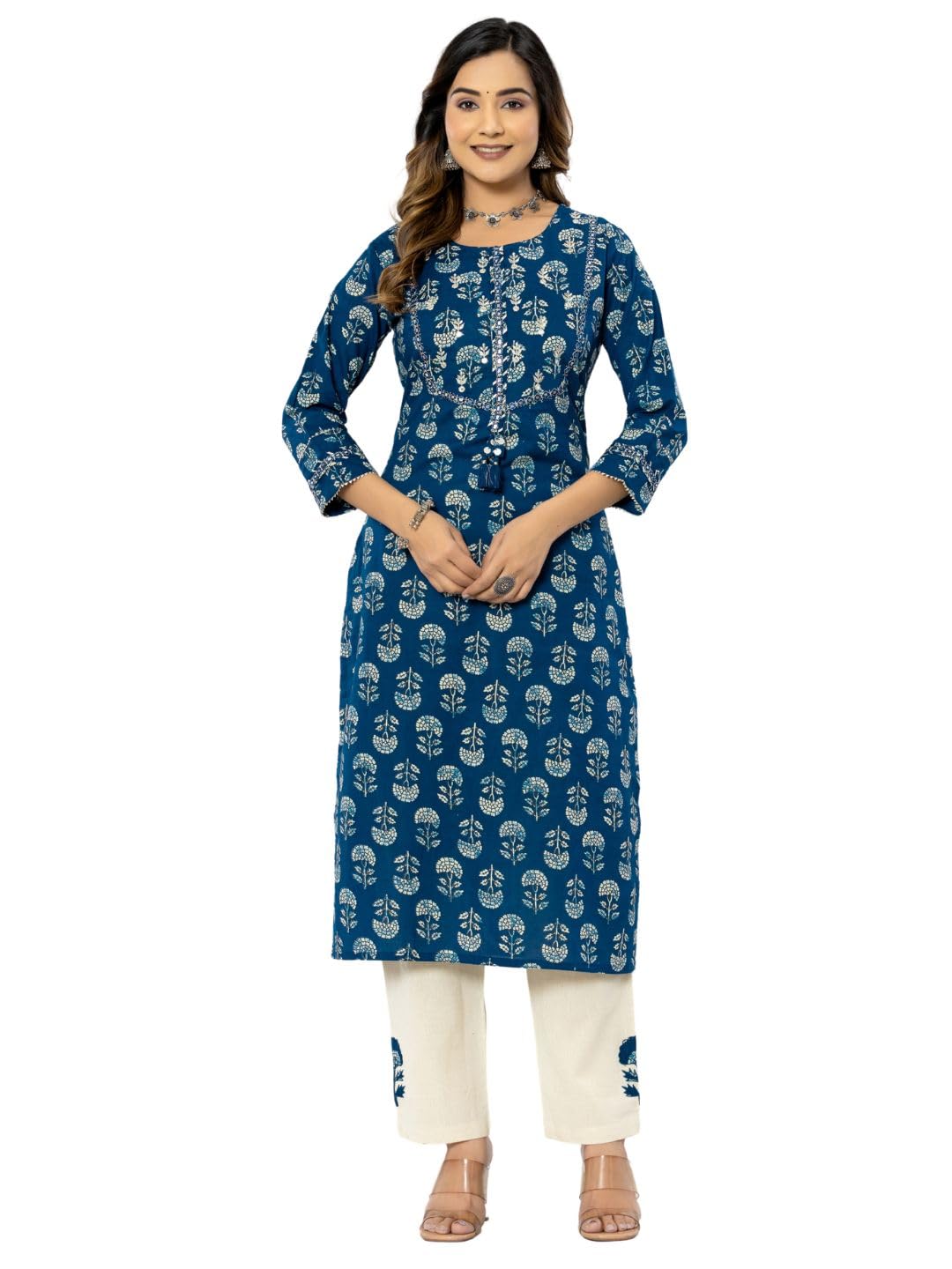 rytras Womens Cotton Printed Straight Kurta with Palazzos Pant(RYT546,Blue,S)