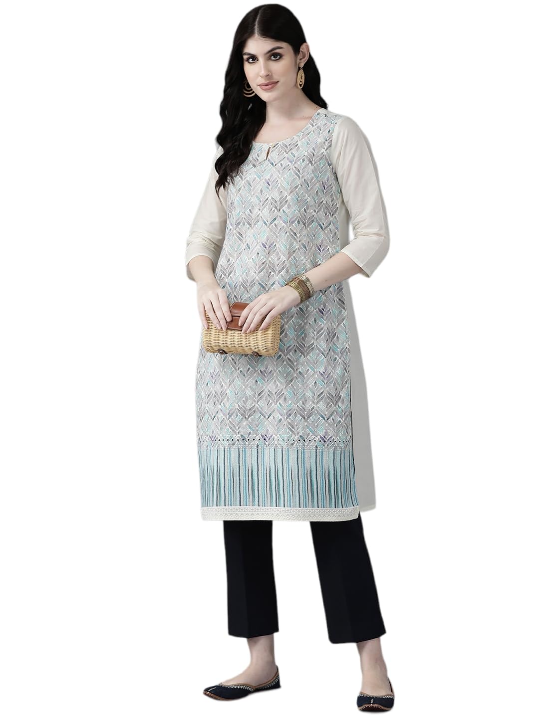 Aarika Womens Cream-Blue Color Cotton Kurti (Kurti-W-Nm-R-16039-Cream-Blue-44)