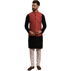 SOJANYA (Since 1958 Mens Cotton Black Kurta and White Pyjama Maroon Embroidery Nehru Jacket