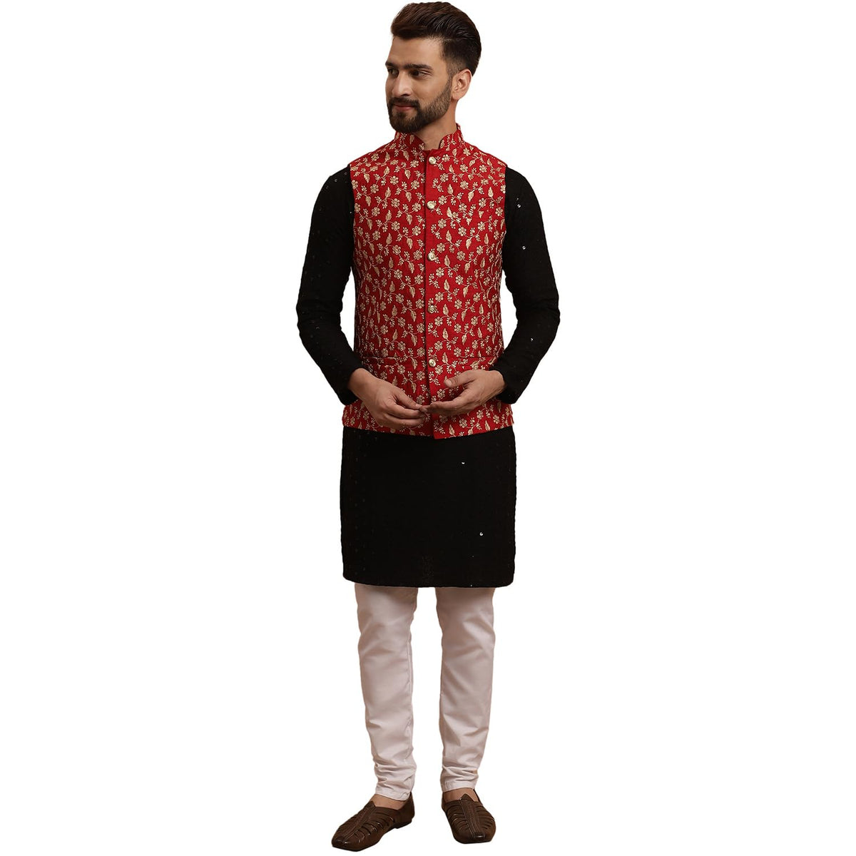 SOJANYA (Since 1958 Mens Cotton Black Kurta and White Pyjama Maroon Embroidery Nehru Jacket
