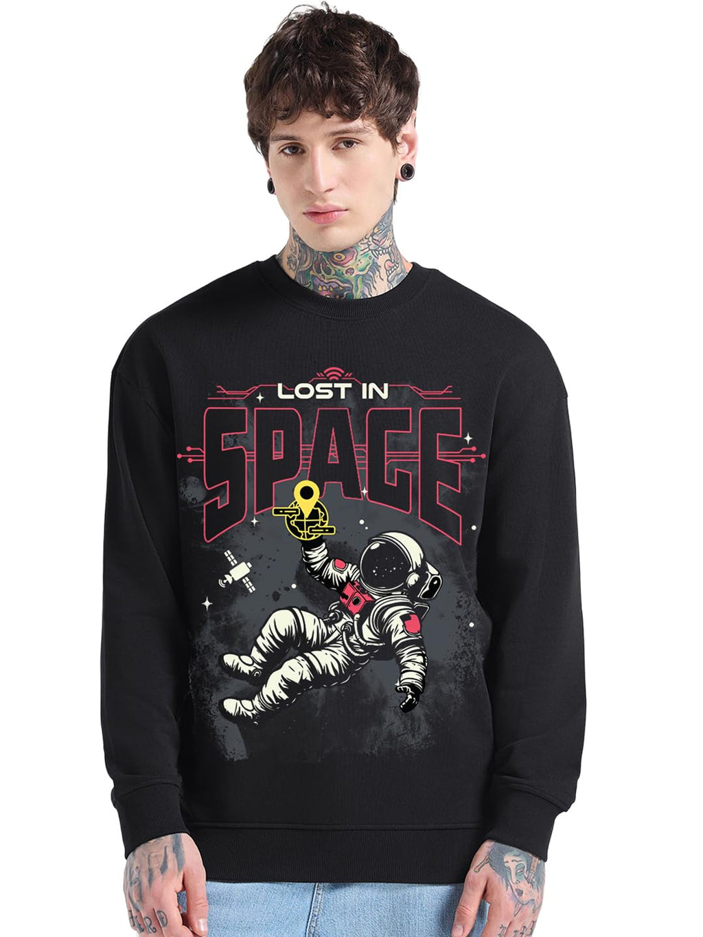 Bewakoof MenS Graphic Print Oversized Fit Full Sleeve Round Neck Cotton Blend Sweatshirt_694486_Black_S
