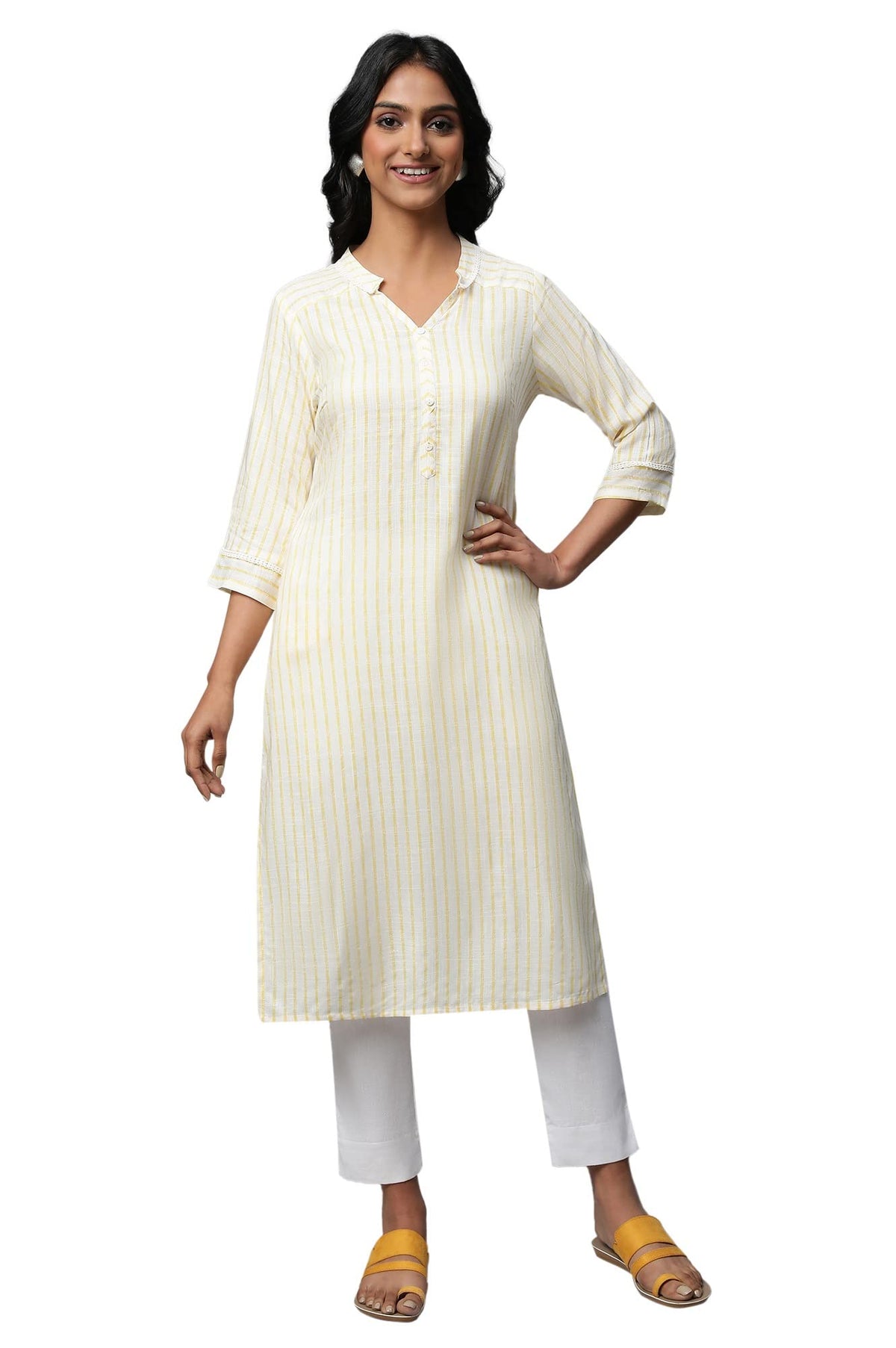 Yellow Stripe Print Kurta Set