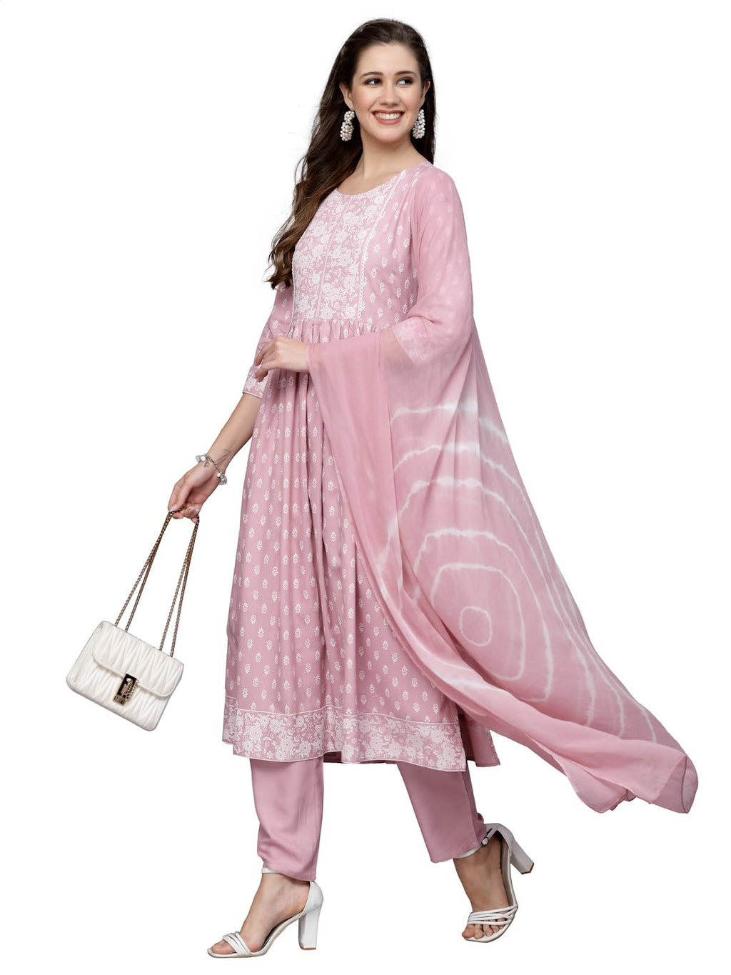Stylum Women'S Printed Rayon Naira Cut Kurta Pant Dupatta Set (Roseirani38_Pink, M)