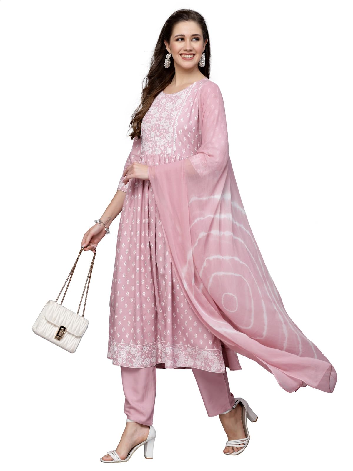 Stylum Women'S Printed Rayon Naira Cut Kurta Pant Dupatta Set (Roseirani38_Pink, M)