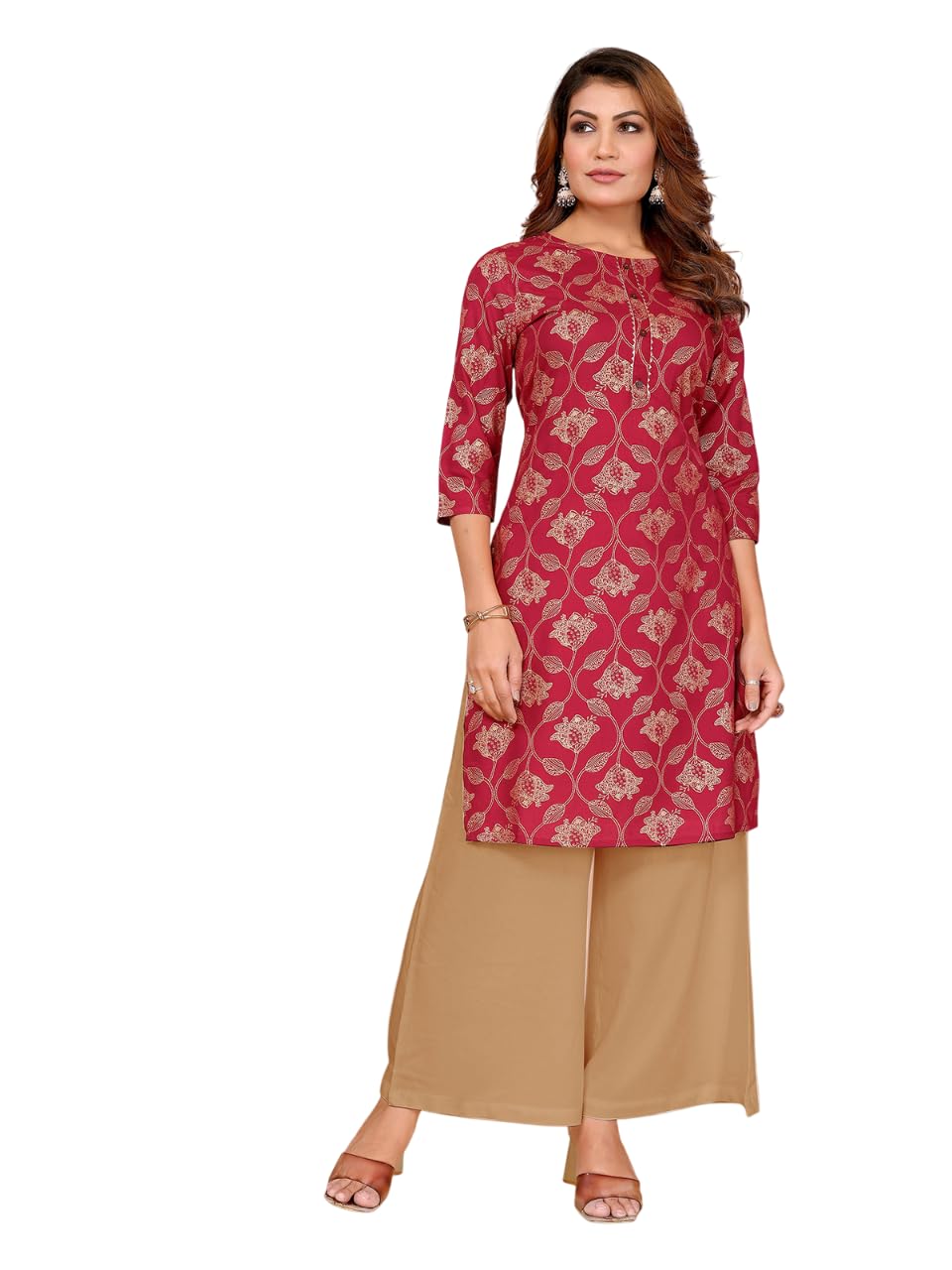 Rangita Maroon Rayon Straight Printed Knee Length Kurti | Kurta For Women_Xl