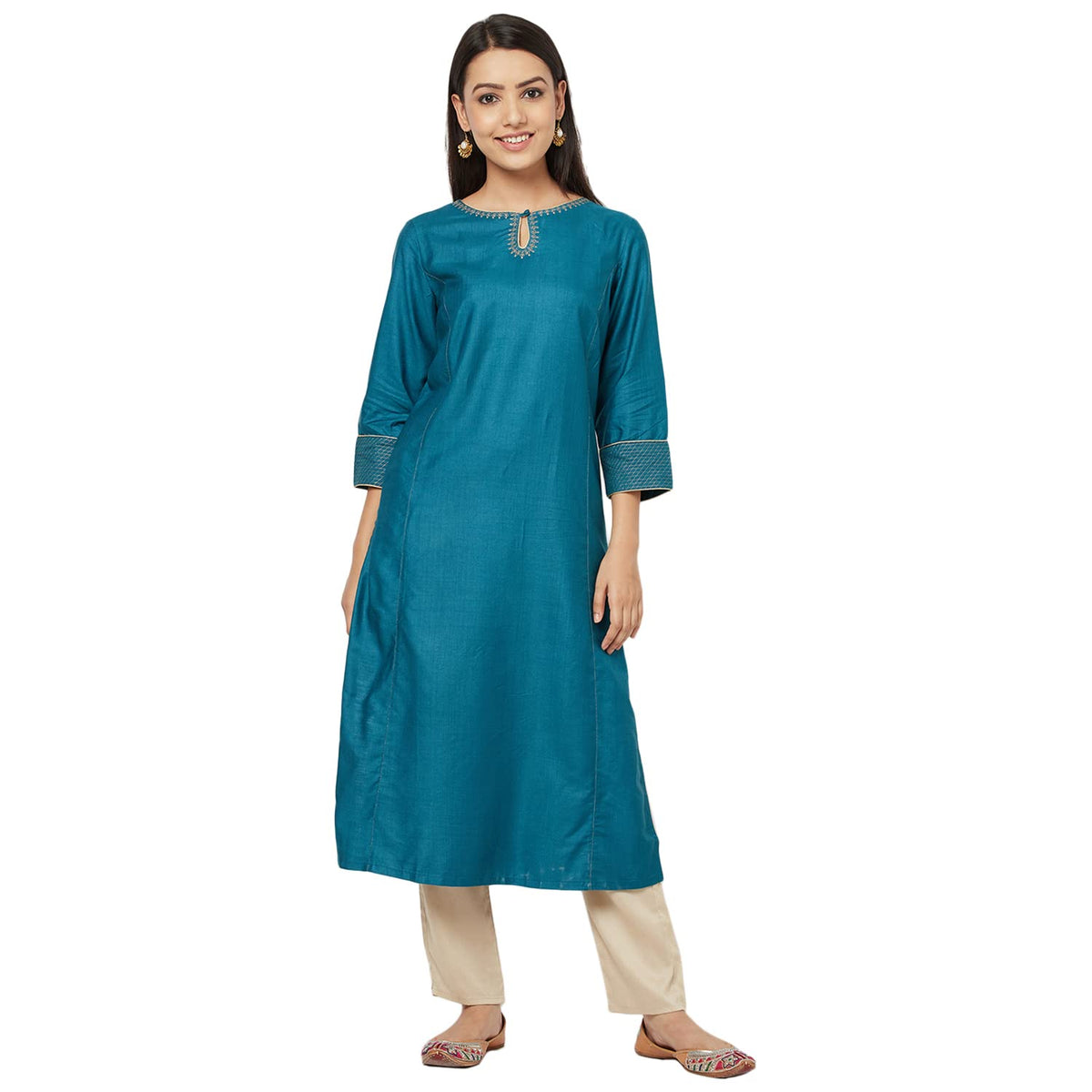 Fabindia WomenS Viscose Silk Embroidered Regular Kurta_Turquoise_S