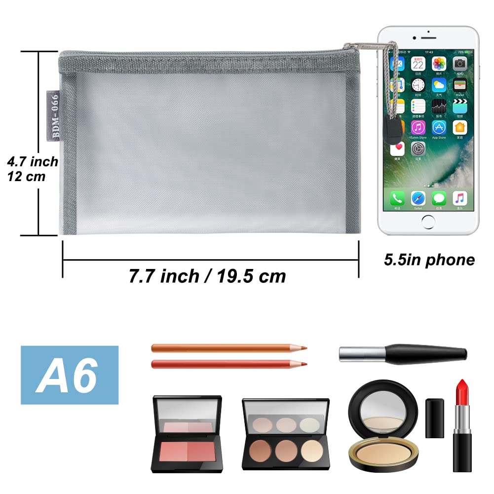 HRX Package Small Mesh Cosmetic Bags with Zipper, 6pcs Grey Makeup Pouches Travel Organizer Case for Purse Diaper Bag