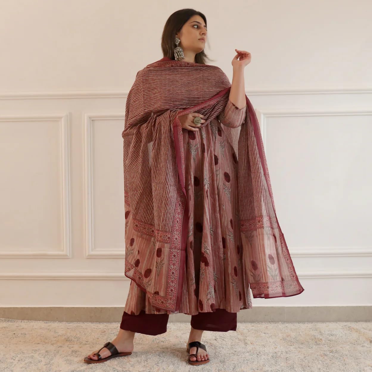 ANNI DESIGNER Womens Rayon Blend Printed Anarkali Kurta with Pant & Dupatta (Prisha Wine_4XL_Wine_XXXX-Large)