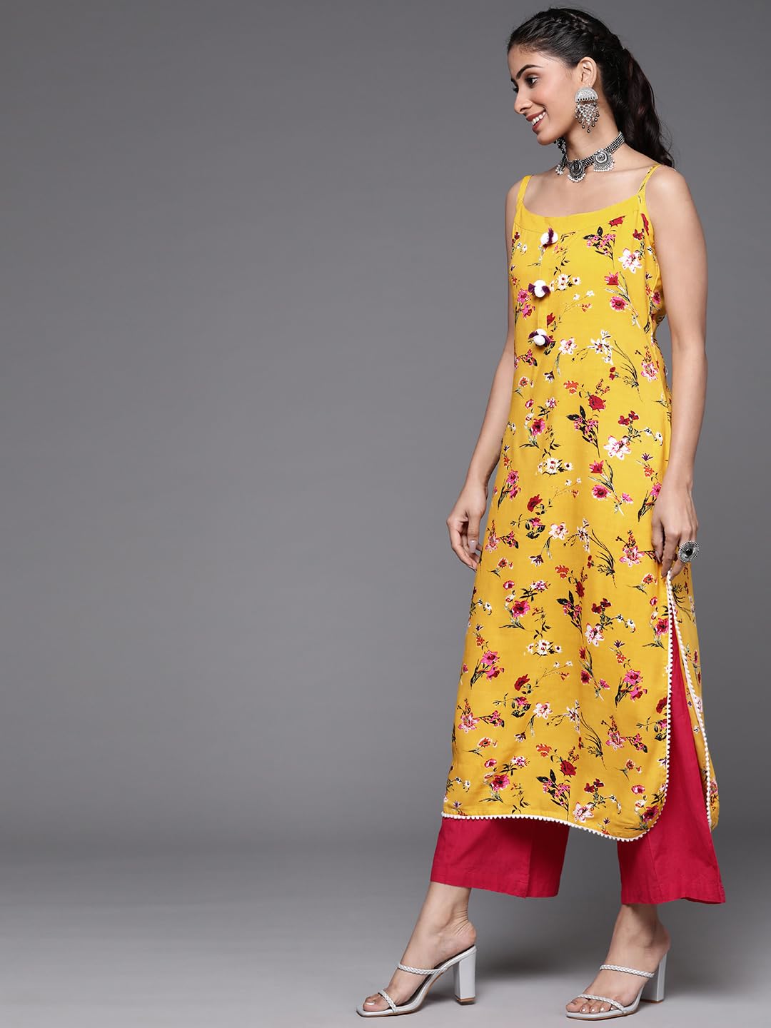 Varanga Mustard And Pink Printed Strap Kurta