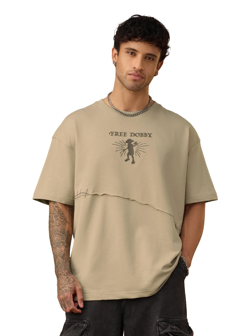 The Souled Store Harry Potter: Free Dobby Men and Boys Short Sleeves Round Neck Beige Embroidered Casualwear Streetwear Lightwei