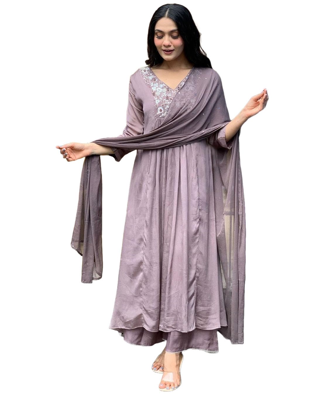 ANNI DESIGNER Womens Rayon Blend A-Line Embroidered Kurta with Pant & Dupatta (SHARMI Lavender_XXL_Lavender_XX-Large)