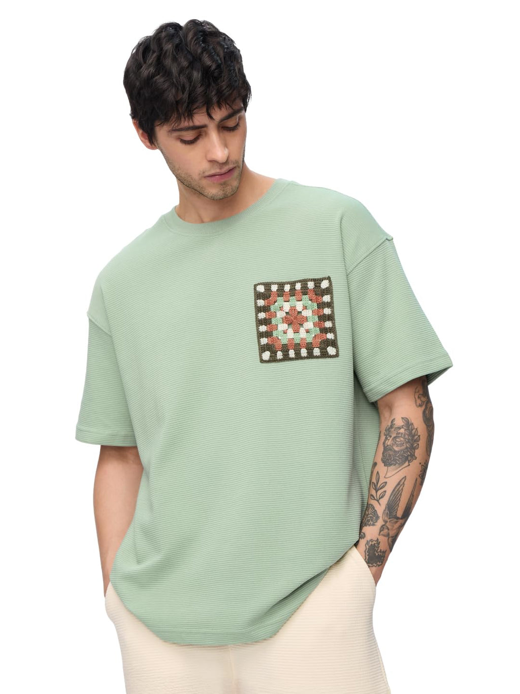 The Souled Store Ottoman T-Shirt: Indie Weave Men and Boys Short Sleeves Round Neck Green Embellished Cotton Blend Oversized T-S
