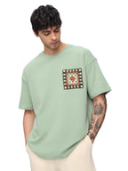 The Souled Store Ottoman T-Shirt: Indie Weave Men and Boys Short Sleeves Round Neck Green Embellished Cotton Blend Oversized T-S