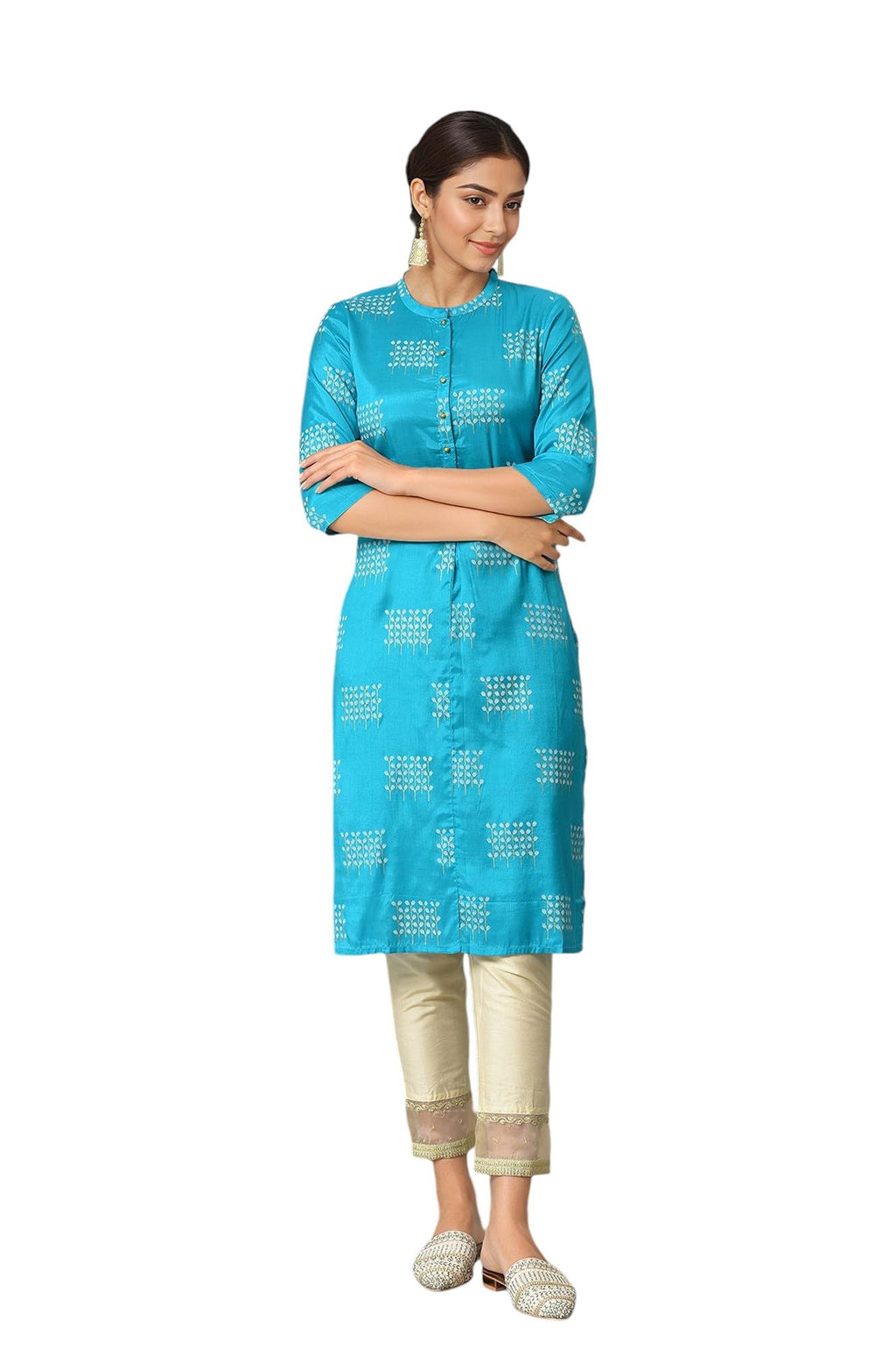 W For Woman Light Blue Floral Printed Regular Kurta With Foil