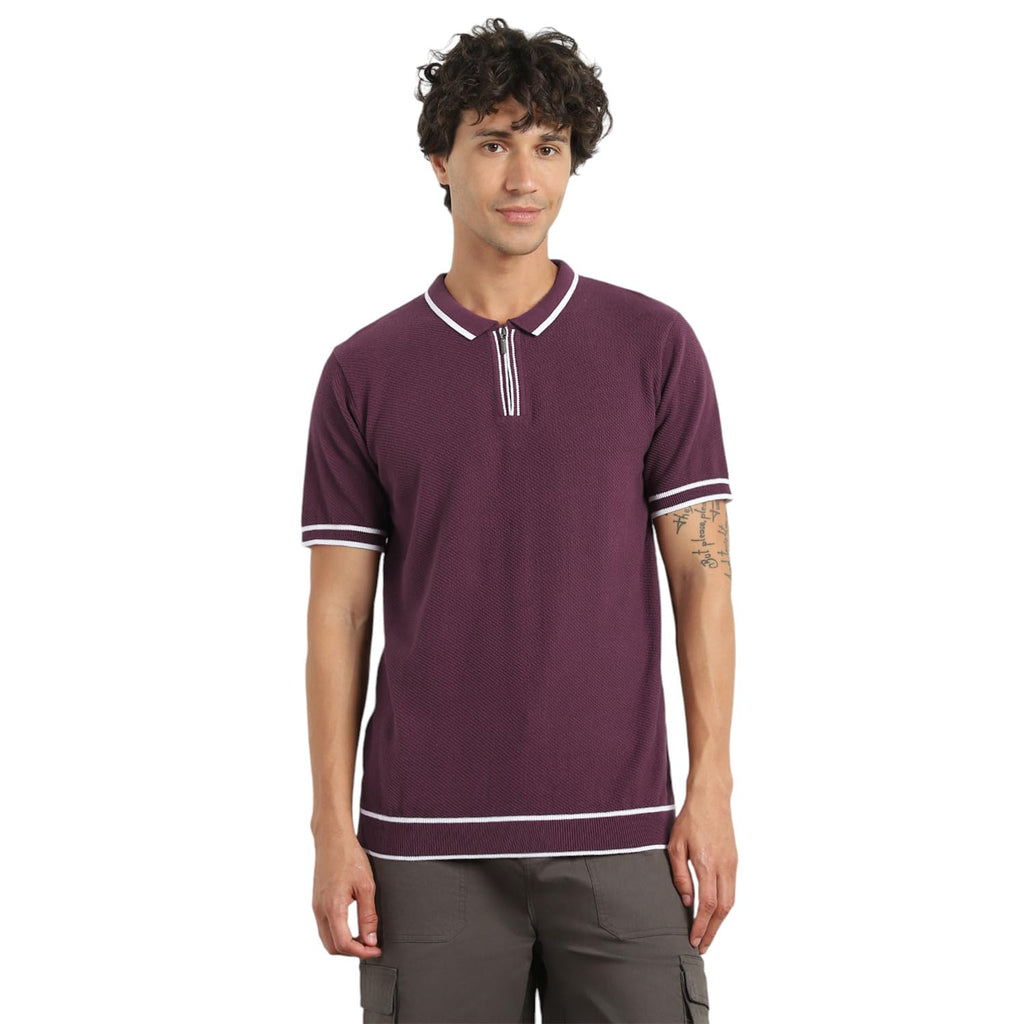 Nobero MenS Self Design Regular Fit Polo Shirt (1M-Twpo-R0028_Midnight Plum