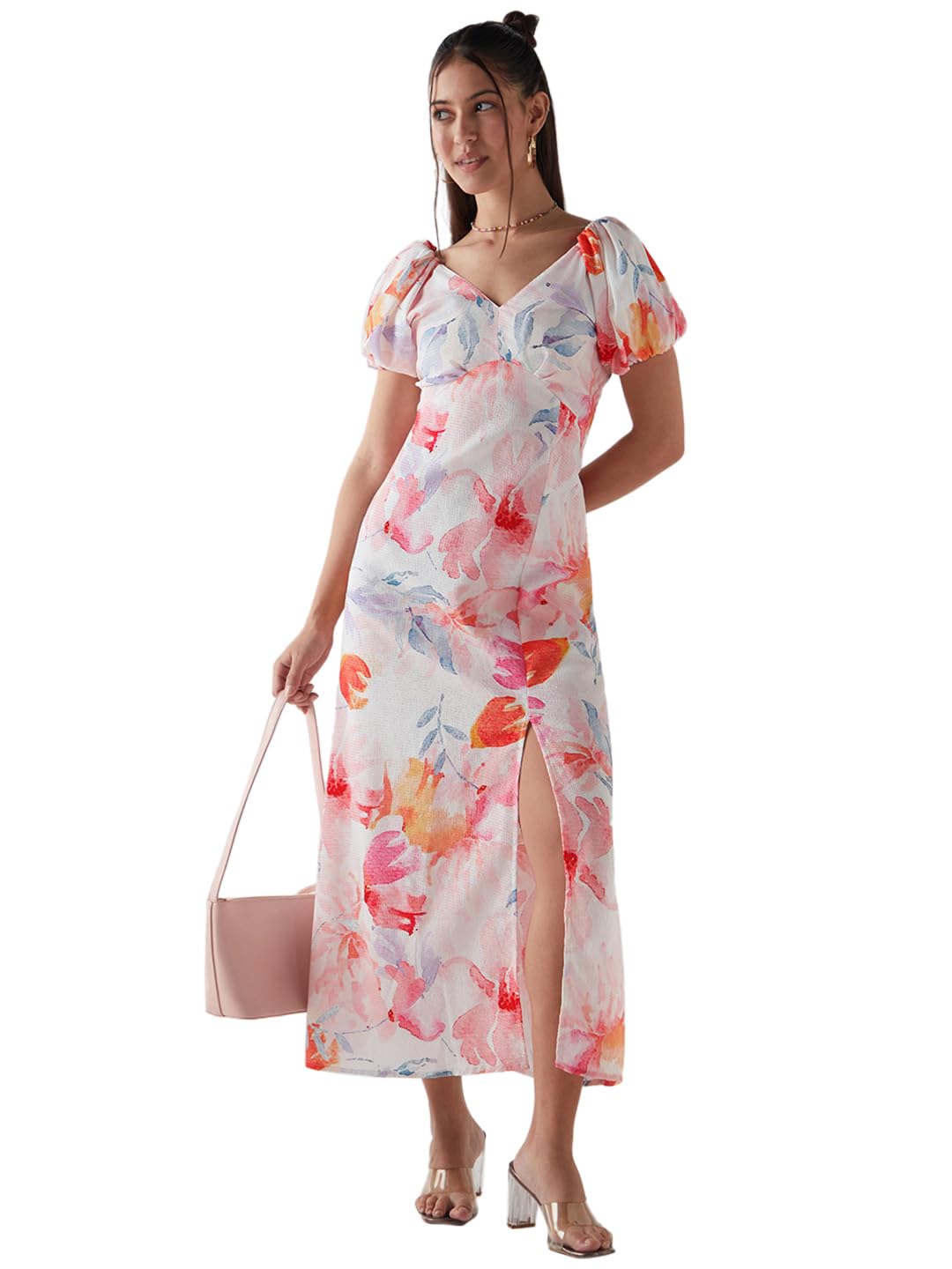 Bewakoof WomenS All Over Print Regular Fit Half Sleeve V-Neck Poly Blend Dress_635469_Multicolor_Xl