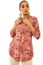 Soch Womens Brown Rayon Ethnic Motif Foil Printed Mandarin Collar Tunic
