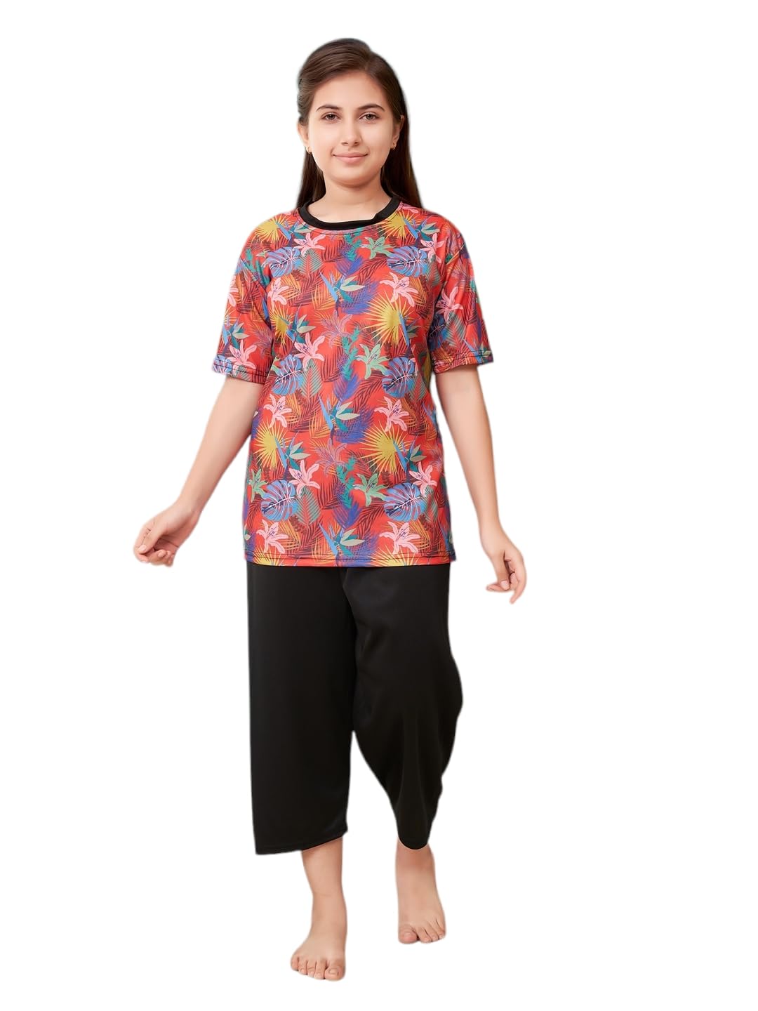 Aarika Girls Sports Wear Black Colour Leaf Print Nylon Swim Suit (8-15 Years)
