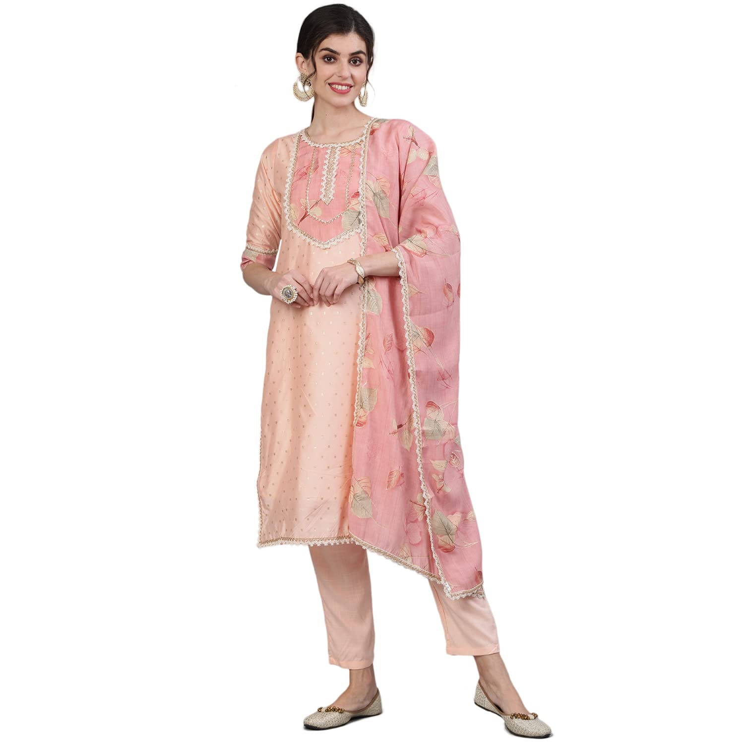 Ishin Women'S Silk Blend Kurta Sets (Kpldpnk-11044_M_Peach_Medium)