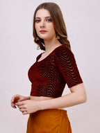 Pujia Mills WomenS Readymade Hosiery Velvet Lycra Stretchable Round Neck Half Sleeve Blouse With Jari Work Fancy Maroon Color L