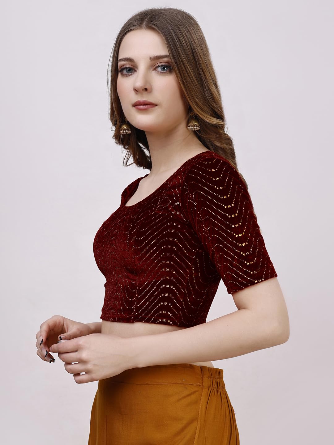 Pujia Mills WomenS Readymade Hosiery Velvet Lycra Stretchable Round Neck Half Sleeve Blouse With Jari Work Fancy Maroon Color L