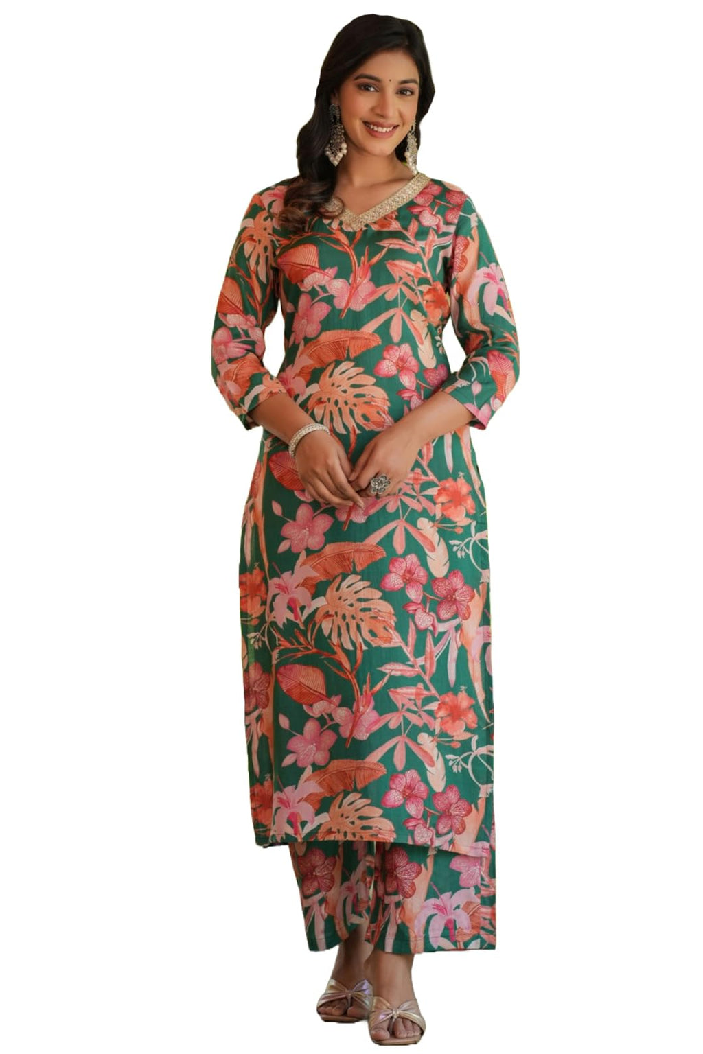 ANNI DESIGNER Womens Cotton Blend Straight Printed Kurta with Pant (Chinki-Green-SH_S_Green_Small)