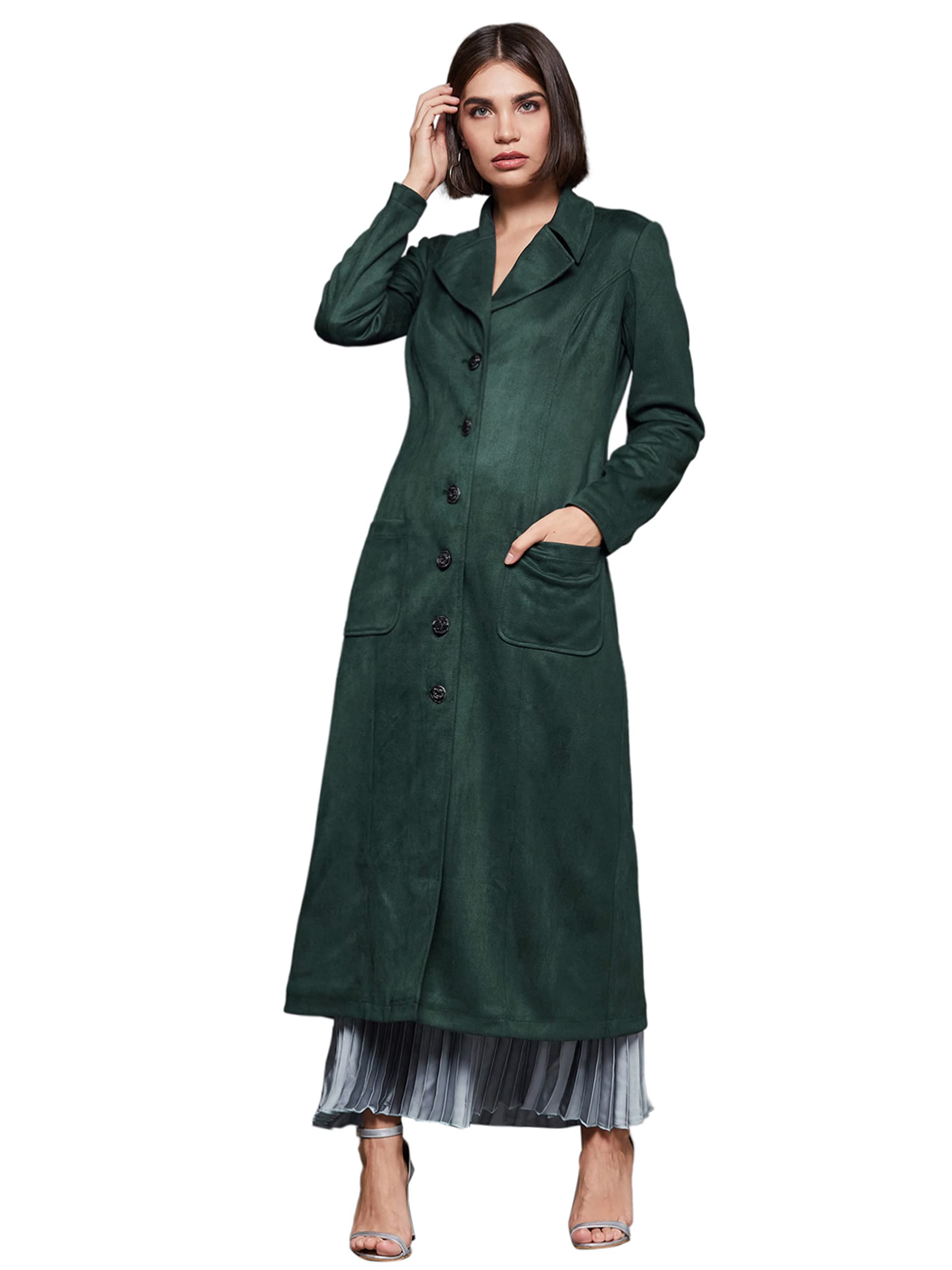Miss Chase WomenS Solid V Neck Full Sleeve Longline Button Down Jacket (Mcaw24Jkt03-60-42-03, Dark Green, S)